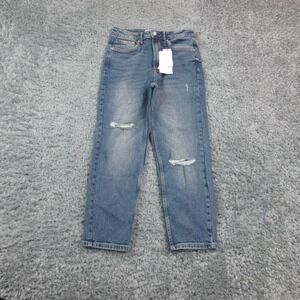 Stradivarius Mom Jeans Womens 8 Blue High Rise Petite Distressed 29x25.5* NWT